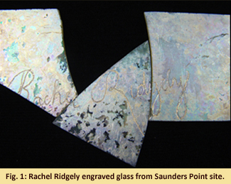 Glass etched with the name Rachel Ridgely