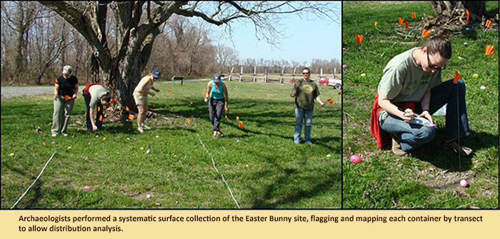 Archaeologists and assistants conducting a systematic surface collection of the Easter Bunny site.
