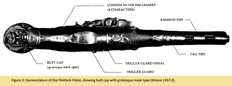 Scanned image of an American Revolutionary pistol with a grotesque butt cap. 