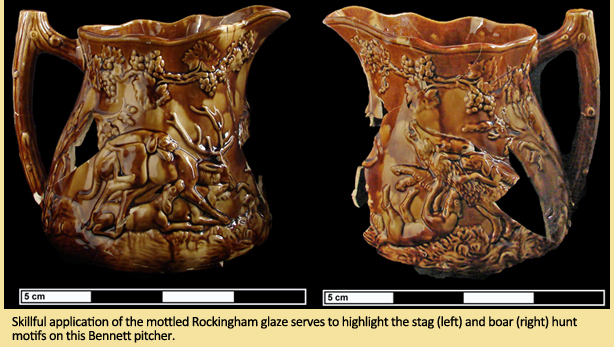 Skillful application of the mottled Rockingham glaze serves to highlight the stag (left) and boar (right) hunt motifs on this Bennett pitcher.