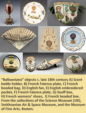 'Ballooniana' objects c. late 18th century A) Scent bottle holder, B) French Faience plate, C) French beaded bag, D) English fan, E) English embroidered pocket, F) French Faience plate, G) Snuff box, H) French womens’ shoes,  I) French beaded box. From the collections of the Science Museum (UK), Smithsonian Air & Space Museum, and the Museum of Fine Arts, Boston.