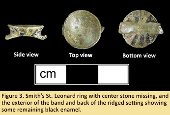 Figure 3. Smith's St. Leonard ring with center stone missing, and the exterior of the band and back of the ridged setting showing some remaining black enamel.