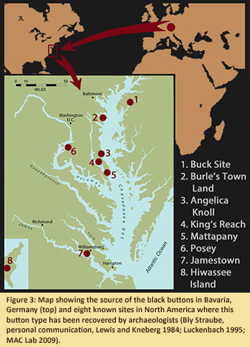Figure 3: Map showing the source of the black buttons in Bavaria, Germany (top) and eight known sites in North America where this button type has been recovered by archaeologists (Bly Straube, personal communication, Lewis and Kneberg 1984; Luckenbach 1995; MAC Lab 2009).