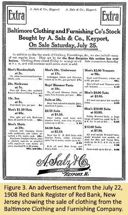 An advertisement from the July 22, 1908 Red Bank Register of Red bank, New Jersey showing the sale of clothing from the Baltimore Clothing and Furnishing Company.