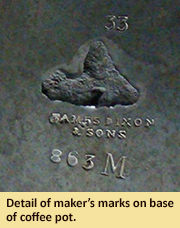 Detail of maker’s marks on base of coffee pot. 