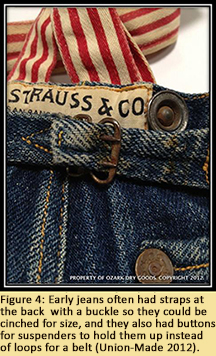 Figure 4: Early jeans often had straps at the back  with a buckle so they could be cinched for size, and they also had buttons for suspenders to hold them up instead of loops for a belt (Union-Made 2012).