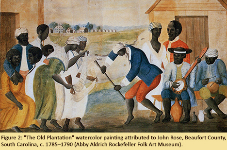 Figure 2: "The Old Plantation" watercolor painting attributed to John Rose, Beaufort County, South Carolina, c. 1785–1790 (Abby Aldrich Rockefeller Folk Art Museum).