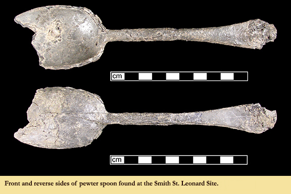 Front and reverse sides of pewter spoon found at the Smith's St. Leonard Site.