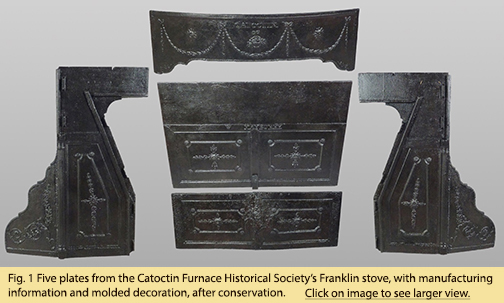 Fig. 1 Five plates from the Catoctin Furnace Historical Society’s Franklin stove, with manufacturing information and molded decoration, after conservation.
