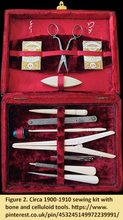 Figure 2.  Circa 1900-1910 sewing kit with bone and celluloid tools. 