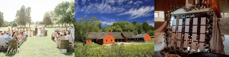 A three-image collage showing a rustic outdoor wedding venue