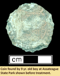 Image of coin found by 9 yr. old at Assateage State Park before treatment