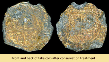 Front and back of fake coin after conservation treatment.