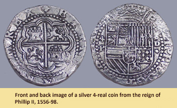 Image of real silver 4-real coin from the reign of Phillip II, 1556-98.