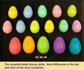 Cache of Easter eggs found at site that vary in color and size.