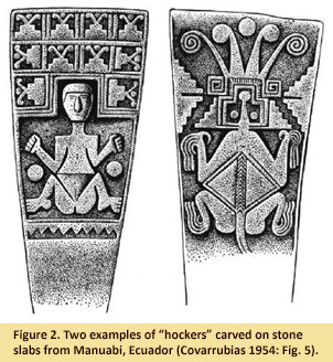 Image of two examples of "hockers carved on stone slabs from Manuabi, Ecuador (Covarrubias 1954: Fig. 5)