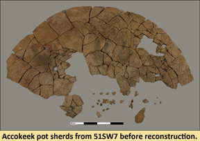 Image of pottery pieces from site 51SW7 in the beginnings of mending before reconstruction.