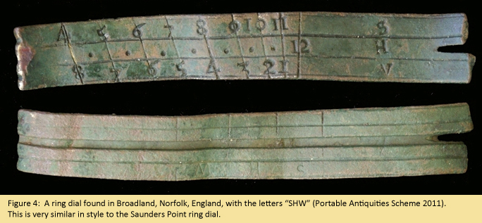 Figure 4:  A ring dial found in Broadland, Norfolk, England, with the letters “SHW” (Portable Antiquities Scheme 2011).  This is very similar in style to the Saunders Point ring dial.