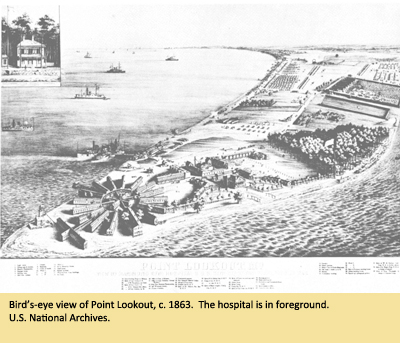 Bird’s-eye view of Point Lookout, c. 1863.  The hospital is in foreground.