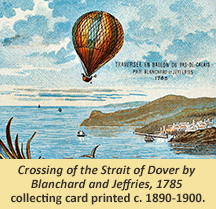 Crossing of the Strait of Dover by Blanchard and Jeffries, 1785 collecting card printed c. 1890-1900.