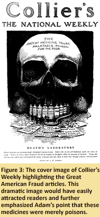 Figure 3: The cover image of Collier’s Weekly highlighting the Great American Fraud articles. This dramatic image would have easily attracted readers and further emphasized Adam’s point that these medicines were merely poisons.
