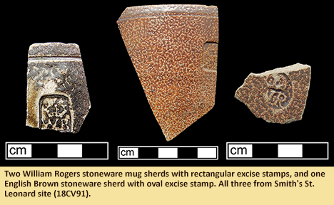 Two William Rogers stoneware mug sherds with rectangular excise stamps, and one English Brown stoneware sherd with oval excise stamp. All three from Smith's St. Leonard site (18CV91).