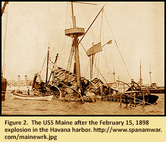 Figure 2.  The USS Maine after the February 15, 1898 explosion in the Havana harbor. http://www.spanamwar.com/mainewrk.jpg