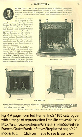Fig. 4 A page from Tod Hunter Inc.’s 1930 catalogue, with a range of reproduction Franklin stoves for sale. http://archive.org/stream/GratesFranklinStovesFireFrames/GratesFranklinStovesFireplaces#page/n2/mode/1up