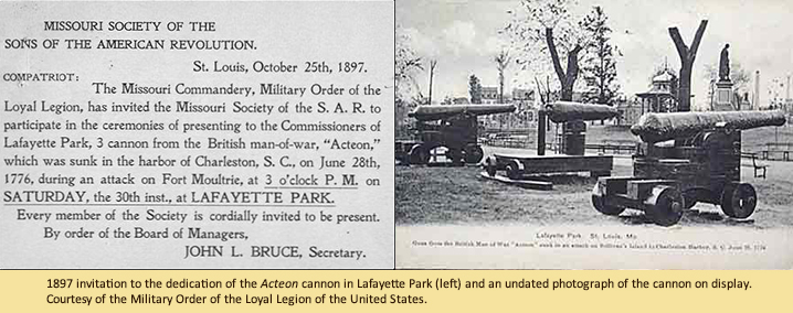 1897 invitation to the dedication of the Acteon cannon in Lafayette Park (left) and an undated photograph of the cannon on display. Courtesy of the Military Order of the Loyal Legion of the United States.