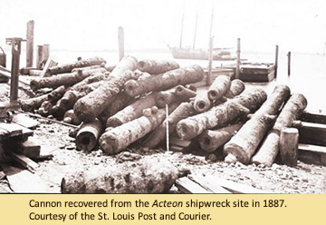 Cannon recovered from the Acteon shipwreck site in 1887. Courtesy of the St. Louis Post and Courier.
