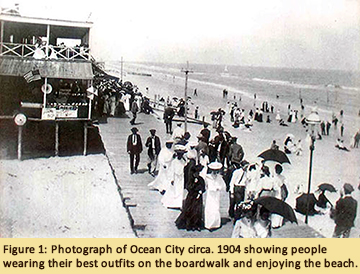 Ocean City, MD photo circa 1904 showing people wearing their best outfits on the boardwalk