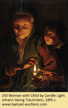 Old Woman with Child by Candle Light.  Johann Georg Trautmann, 18th c. www.hampel-auctions.com
