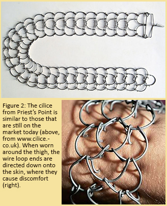 Figure 2: The cilice from Priest’s Point is similar to those that are still on the market today (above, from www.cilice.co.uk). When worn around the thigh, the wire loop ends are directed down onto the skin, where they cause discomfort (right).