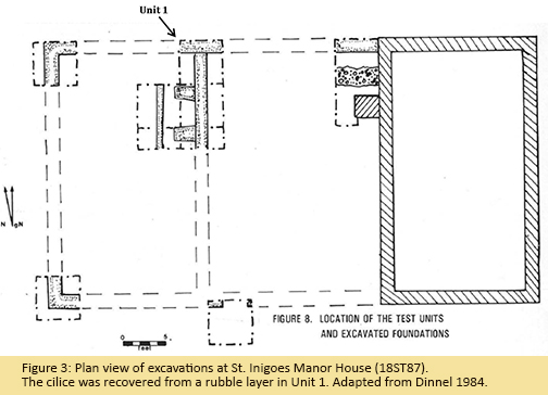 Figure 3: Plan view of excavations at St. Inigoes Manor House (18ST87). The cilice was recovered from a rubble layer in Unit 1. Adapted from Dinnel 1984.