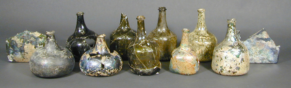Historic glass bottles that have been conserved at the MAC Lab.